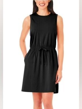 Black Tank Dress Sleeveless Drawstring Midi Length Women's Size L Pockets